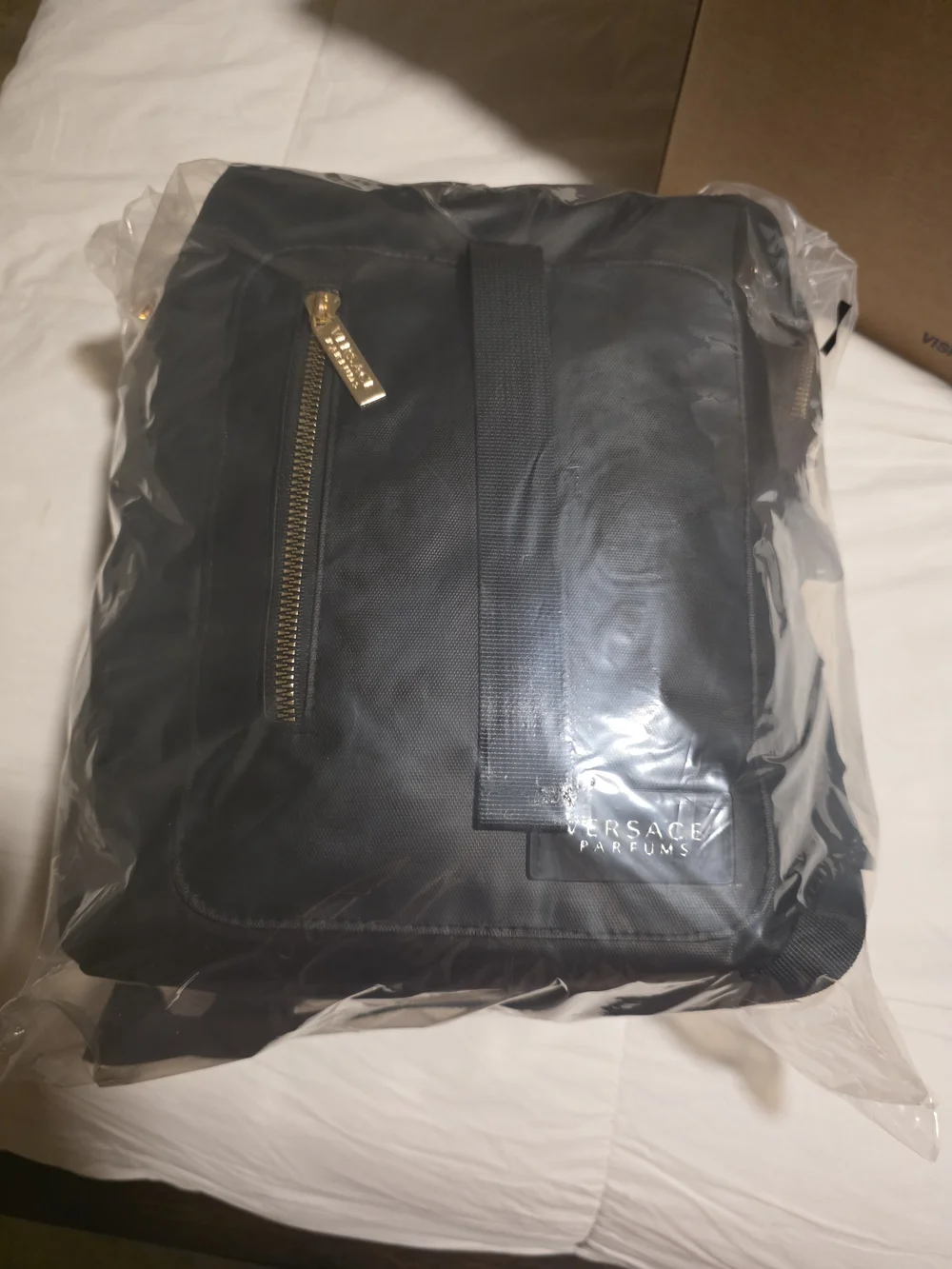 Versace Parfums Black/Gold Greek Key Backpack. NWT